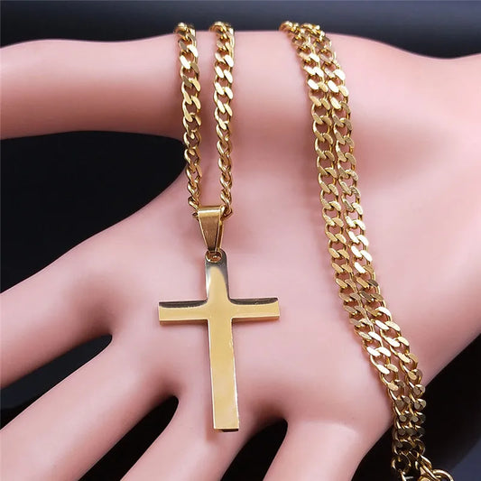 Gold Stainless Steel Cross Pendant Necklace | Hip Hop Jesus Chain Jewelry for Men Women