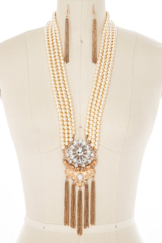 Statement Pearl Chain Necklace Set with Tassels – Trendy Fashion Jewelry