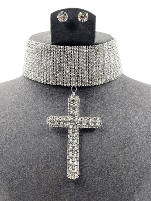 Choker Necklace Set with Rhinestone Cross Pendant – Trendy Statement Jewelry