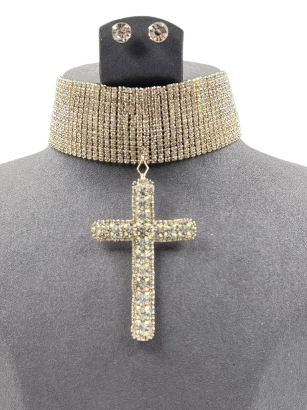 Choker Necklace Set with Rhinestone Cross Pendant – Trendy Statement Jewelry