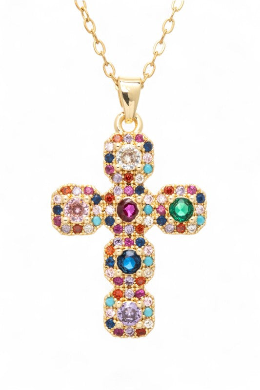 Mix CZ Stone Cross Pendant Necklace