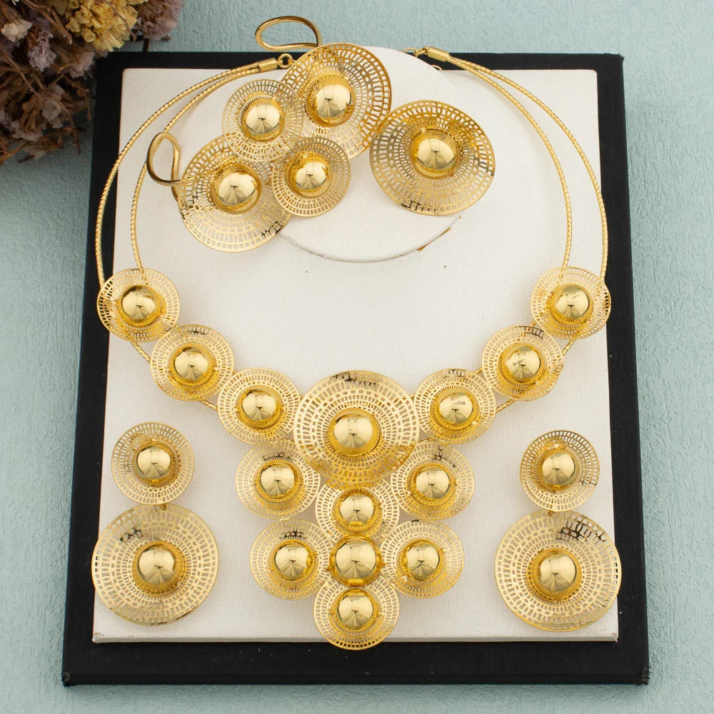 Big Woman Jewelry Set Dubai Gold Plated Earrings Necklace Copper Multiple Small Circle Design Flower Bride Bangle Rings Gift