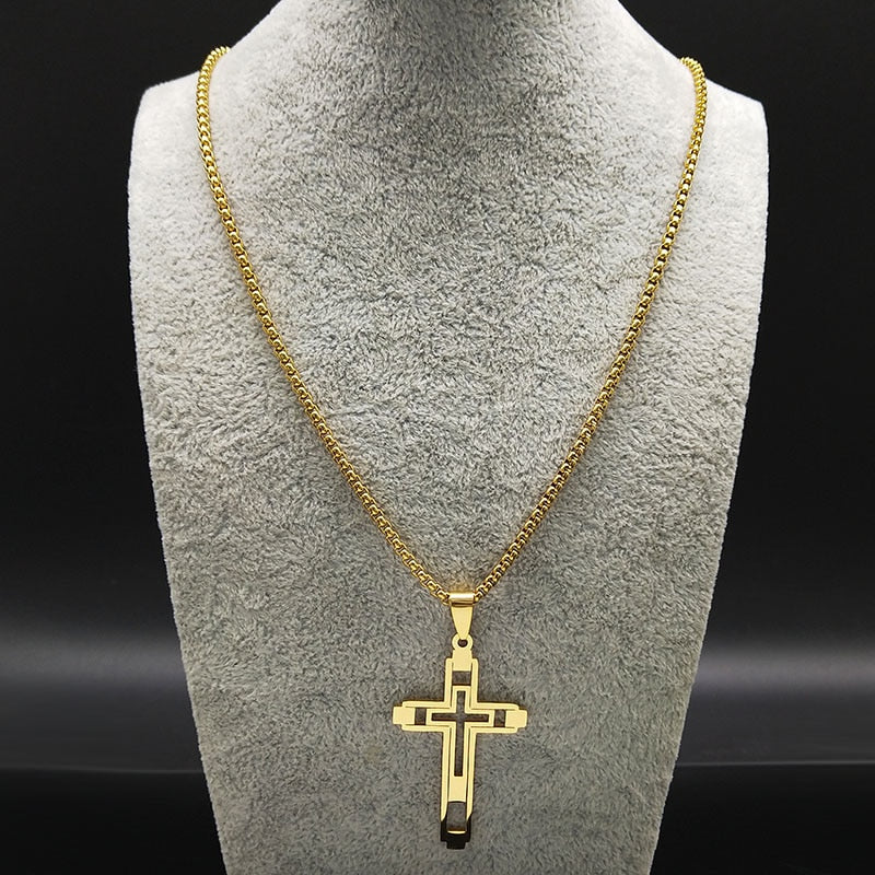 Cross Steel Choker Necklace - Gold & Silver