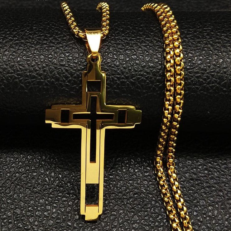 Cross Steel Choker Necklace - Gold & Silver