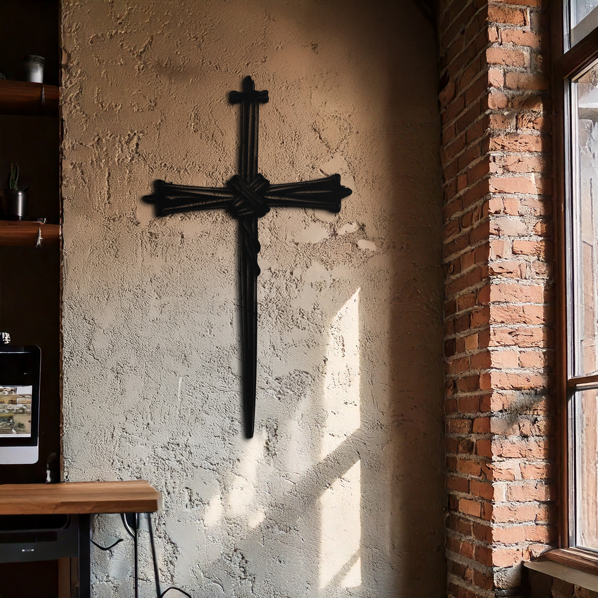 Christian Barbed Wire Cross Metal Wall Art – Religious Rustic Home Decor- KAF553