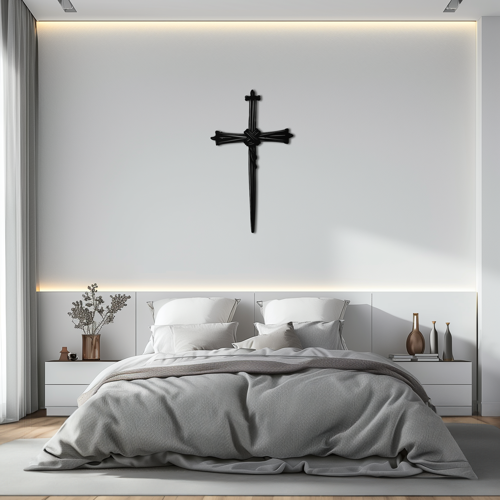 Christian Barbed Wire Cross Metal Wall Art – Religious Rustic Home Decor- KAF553