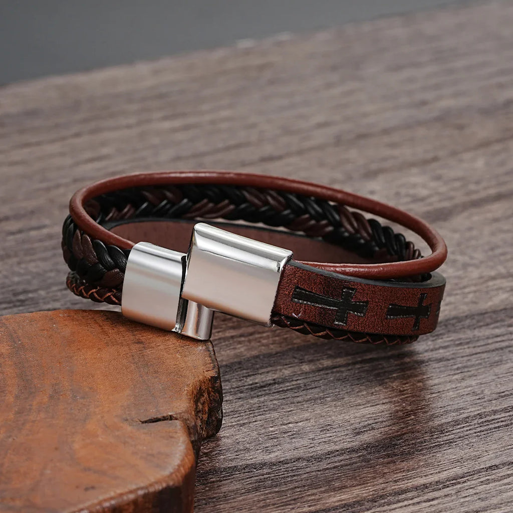 Cross Leather Rope Bracelet - Men's Vintage Style