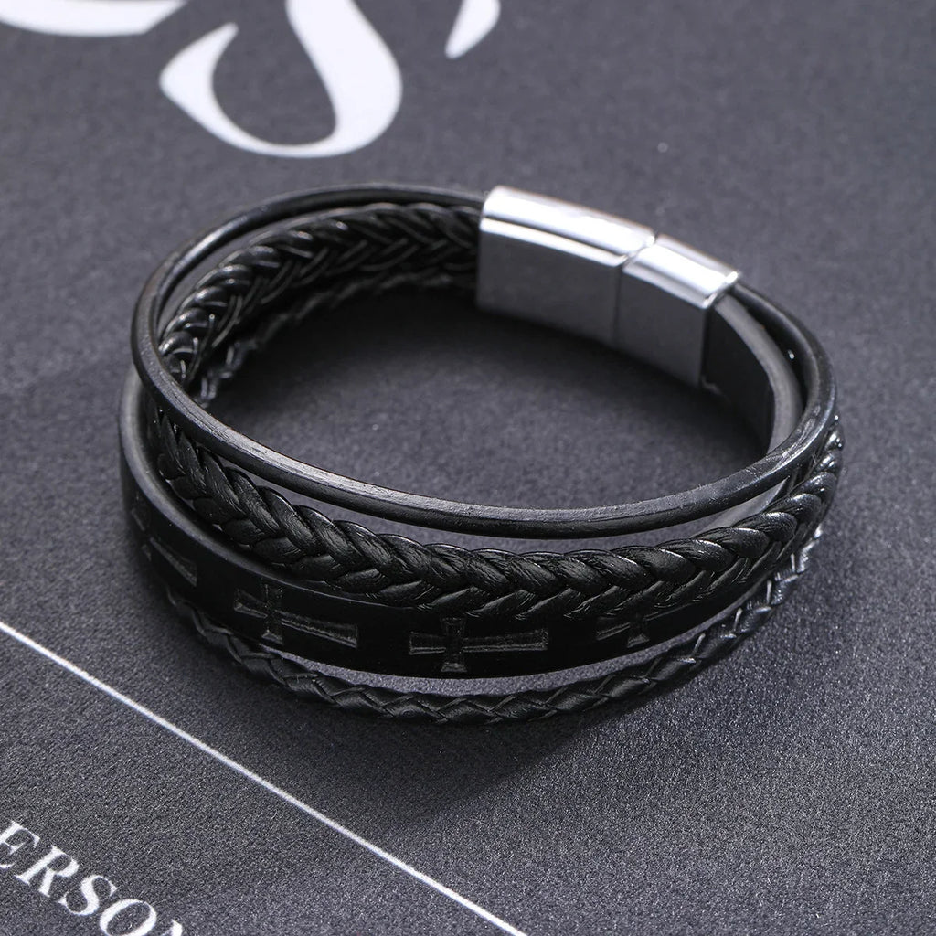 Cross Leather Rope Bracelet - Men's Vintage Style